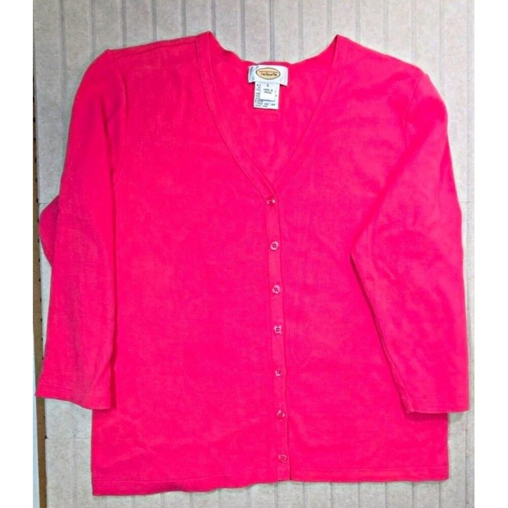 Talbots Pink V-Neck Button-Front 3/4 Sleeve Knit Cotton Sweater Size L